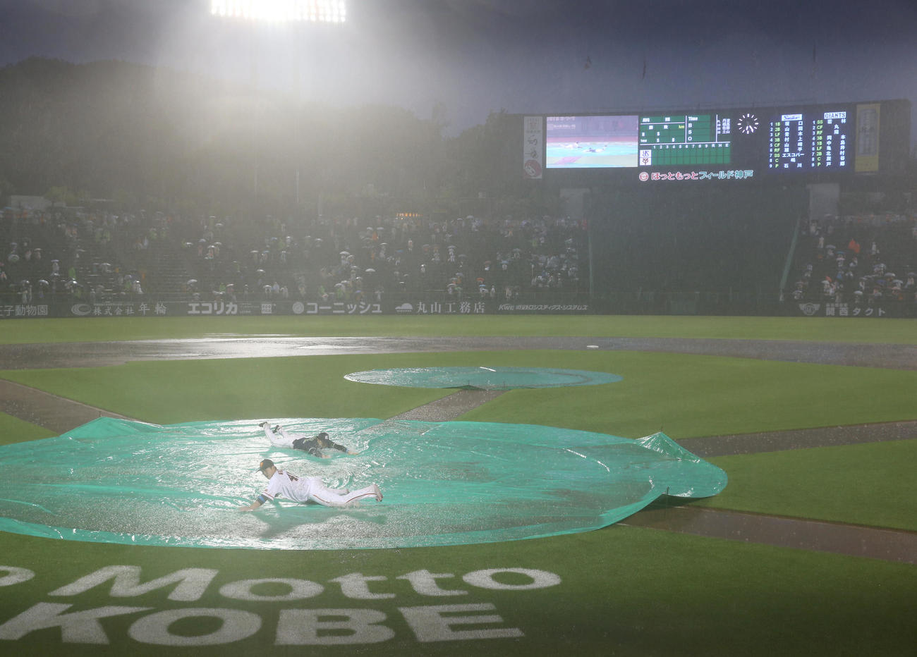 巨人対ヤクルト　試合が雨天中止となり、ヘッドスライディングで観客を盛り上げる巨人岸田（手前）とヤクルト宮本（撮影・前田充）