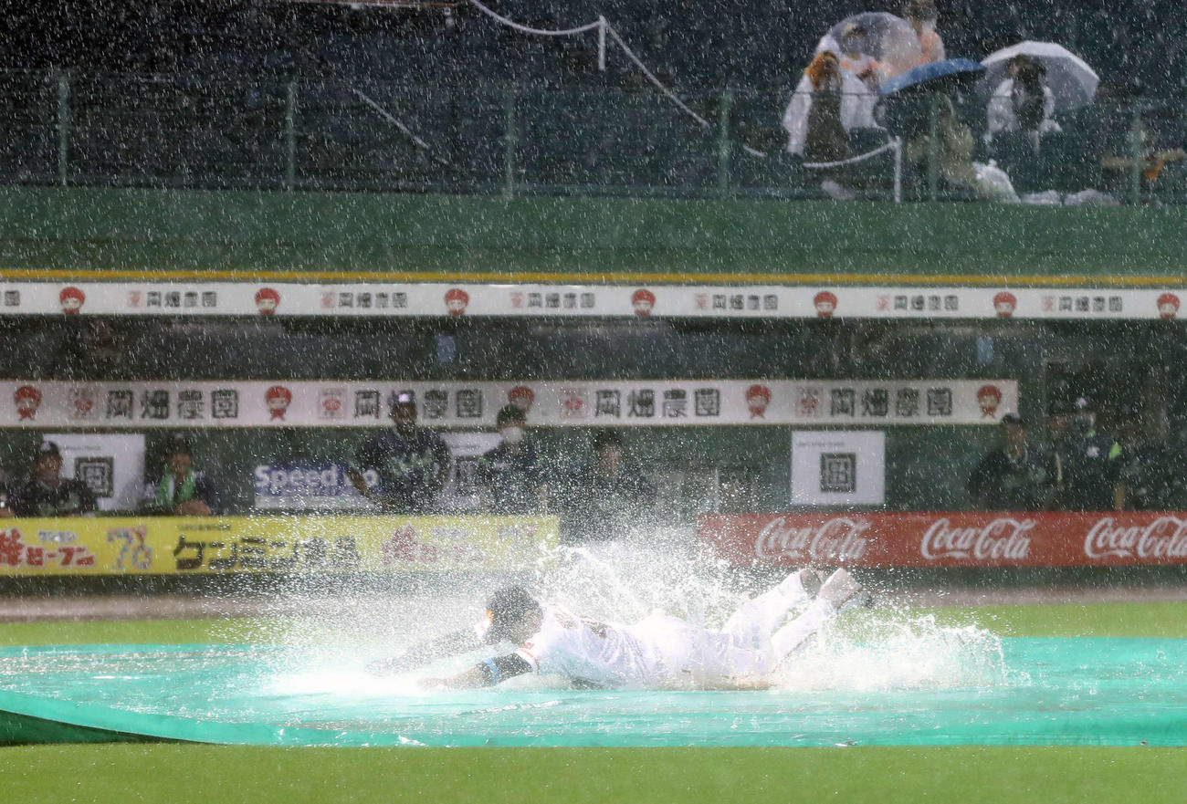 巨人対ヤクルト　試合が中止となり、ヘッドスライディングを披露する巨人岸田（撮影・河野匠）