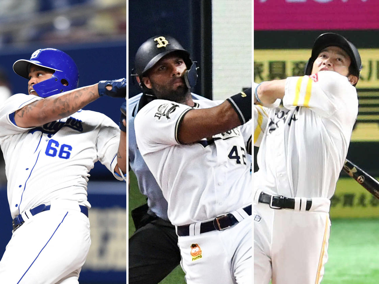 サヨナラ本塁打を放った、左から中日ビシエド、オリックス・ロドリゲス、ソフトバンク柳田