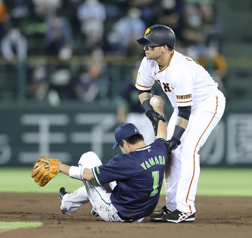 巨人対ヤクルト　6回裏巨人1死一、三塁、炭谷の遊ゴロでエスコバーの送球を受けた山田哲（左）と接触したパーラは腕を持って起こす（撮影・河野匠）