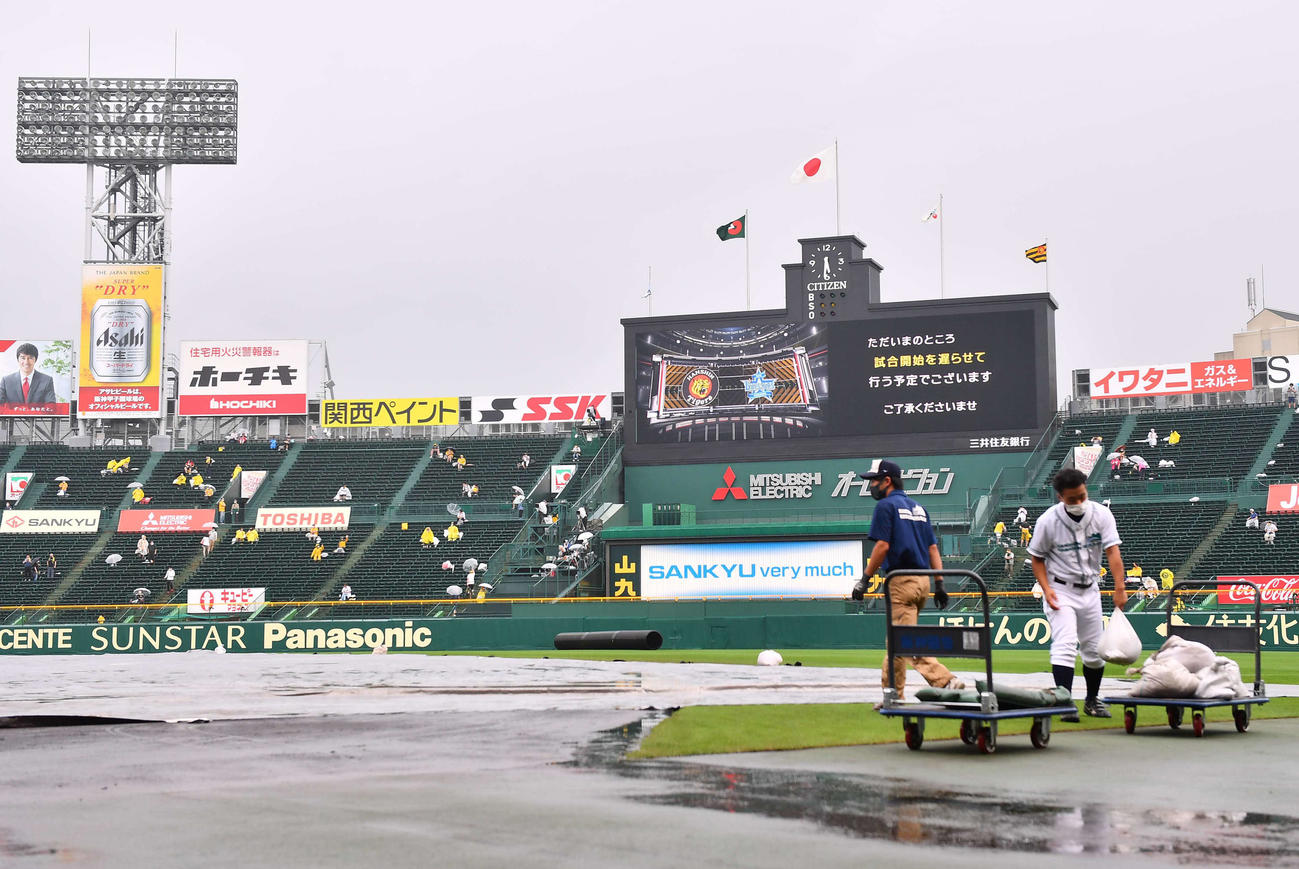 阪神対DeNA　突然の雨で試合開始が遅れる阪神対DeNA戦（撮影・上田博志）
