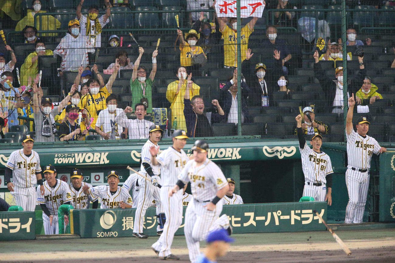 阪神対DeNA5回戦　2回裏阪神無死二塁、ジャスティン・ボーアの先制左越え2点本塁打でガッツポーズして喜ぶ矢野燿大監督（右から2人目）（撮影・上山淳一）