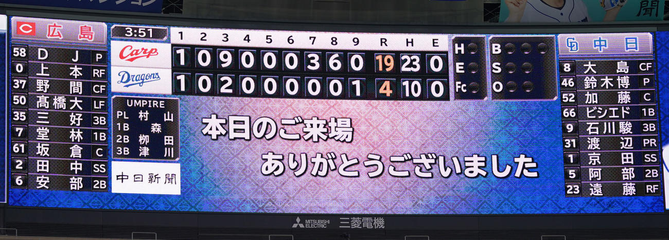 プロ野球中日対広島　スコアボード（撮影・森本幸一）