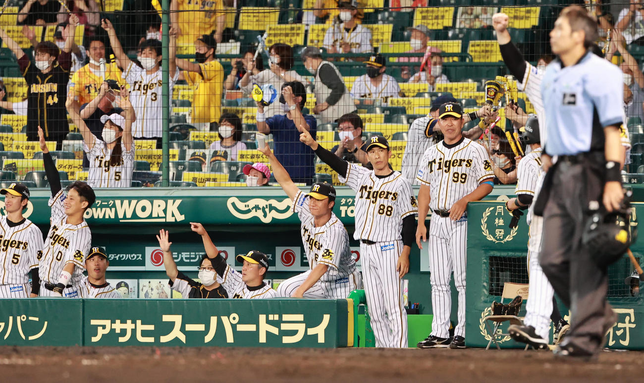 阪神対DeNA　8回裏阪神2死二塁、右翼線へ適時二塁打を放った大山を指さす矢野監督（撮影・清水貴仁）