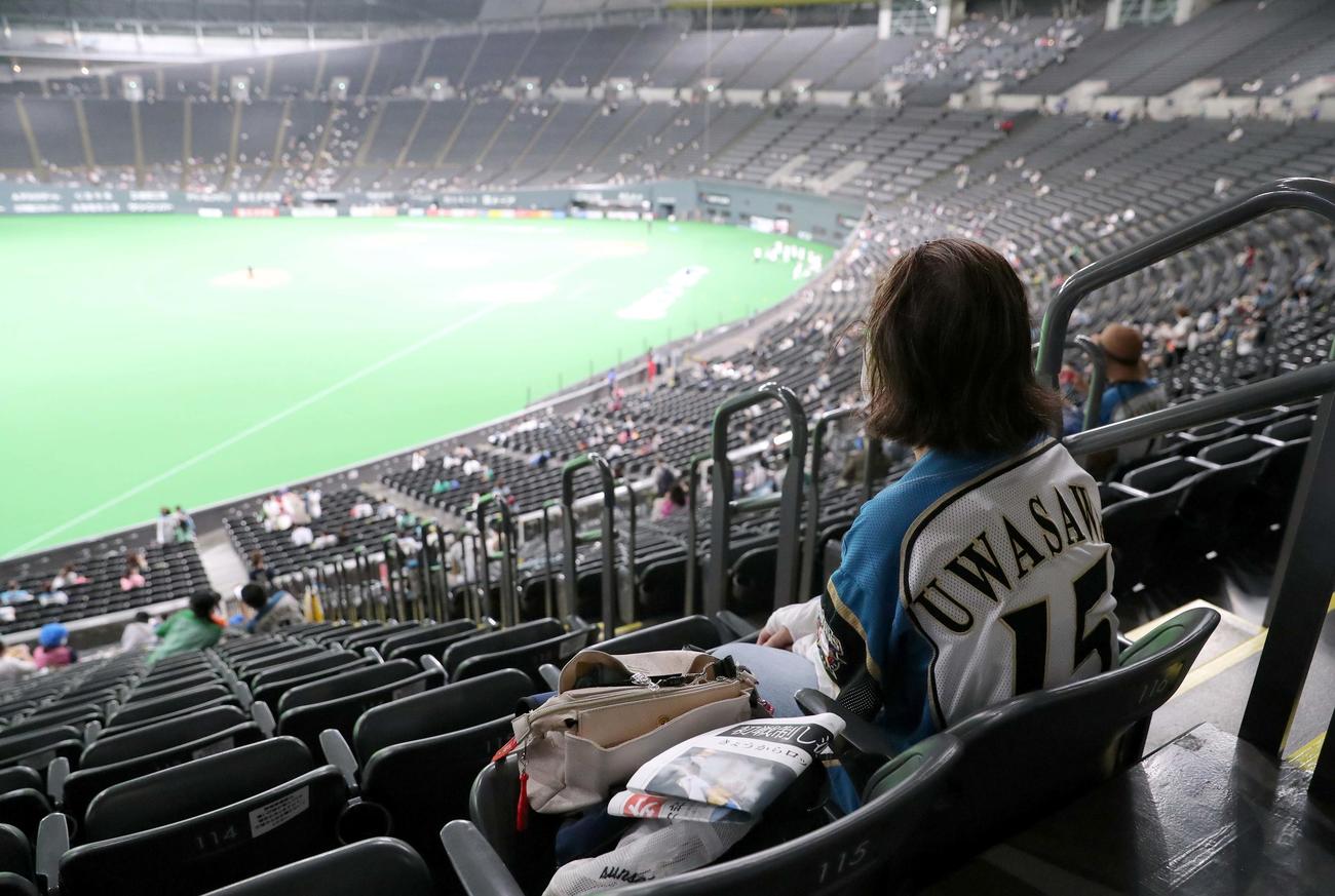 日本ハム対ロッテ　入場後、試合開始を待つ日本ハム上沢直之のユニホームを着たファン（撮影・佐藤翔太）