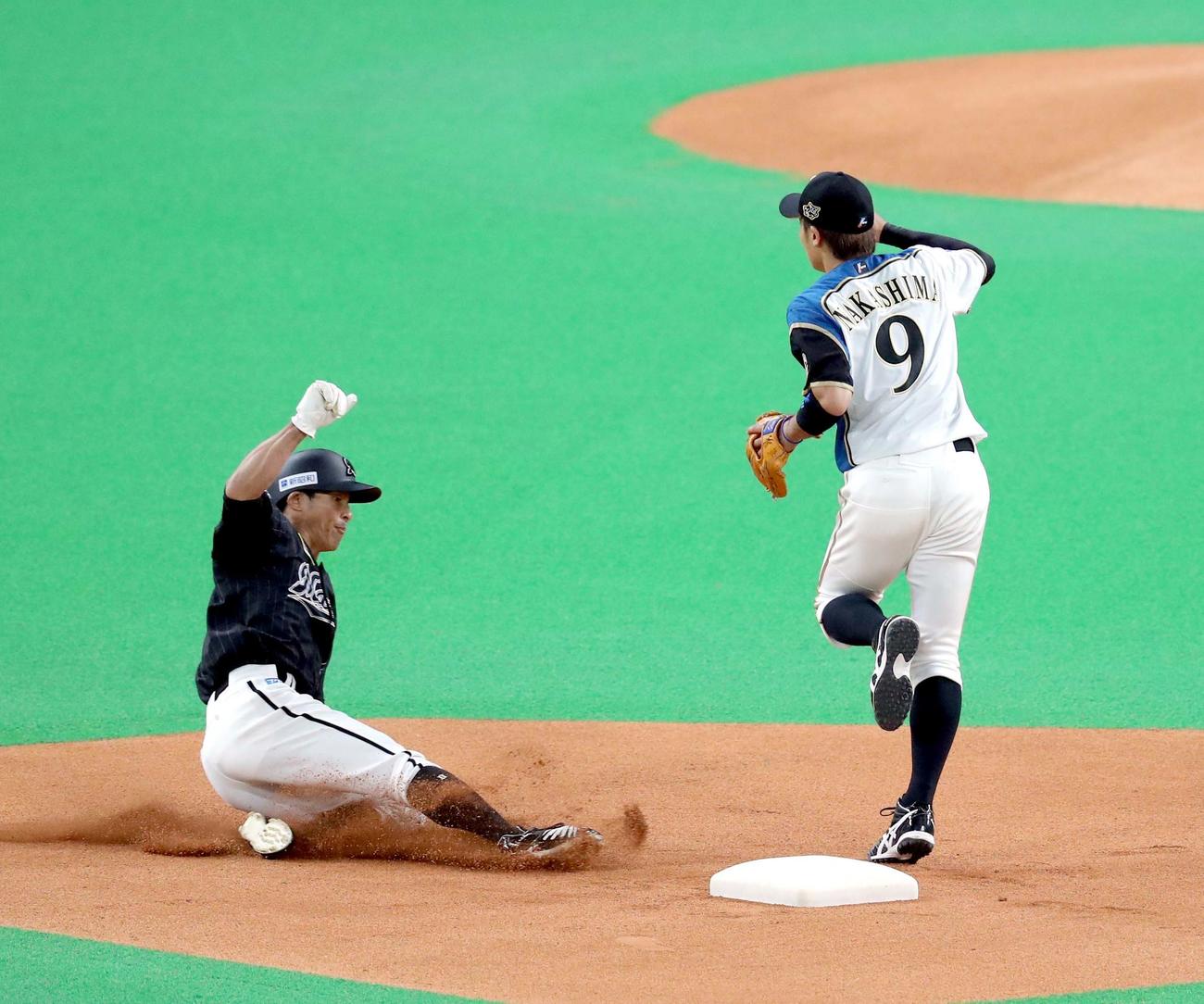 日本ハム対ロッテ　1回表ロッテ無死一塁、荻野は二盗を決める（撮影・佐藤翔太）