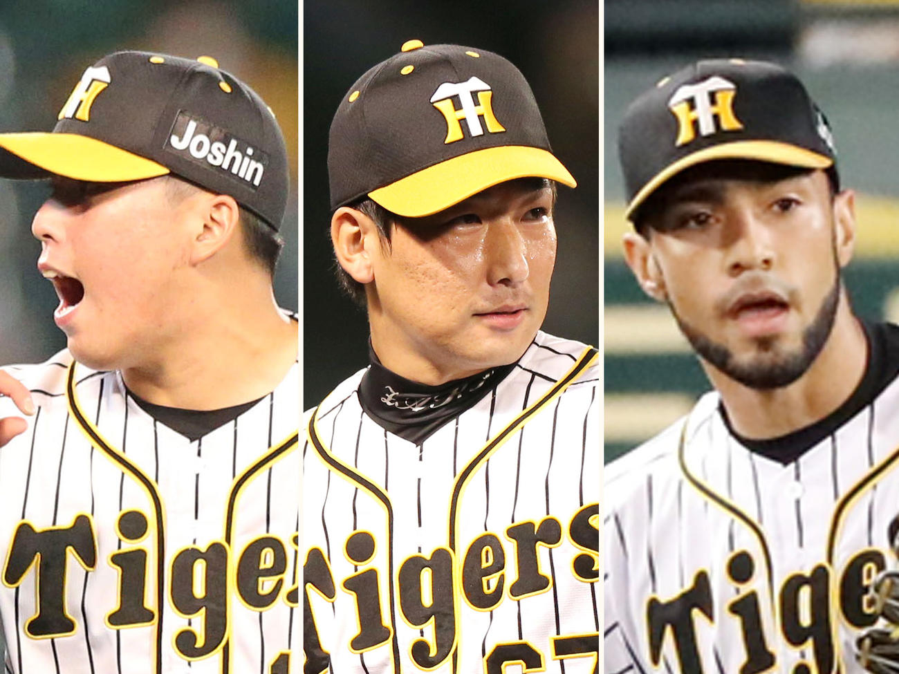 阪神の「BIS」左から馬場、岩崎、スアレス