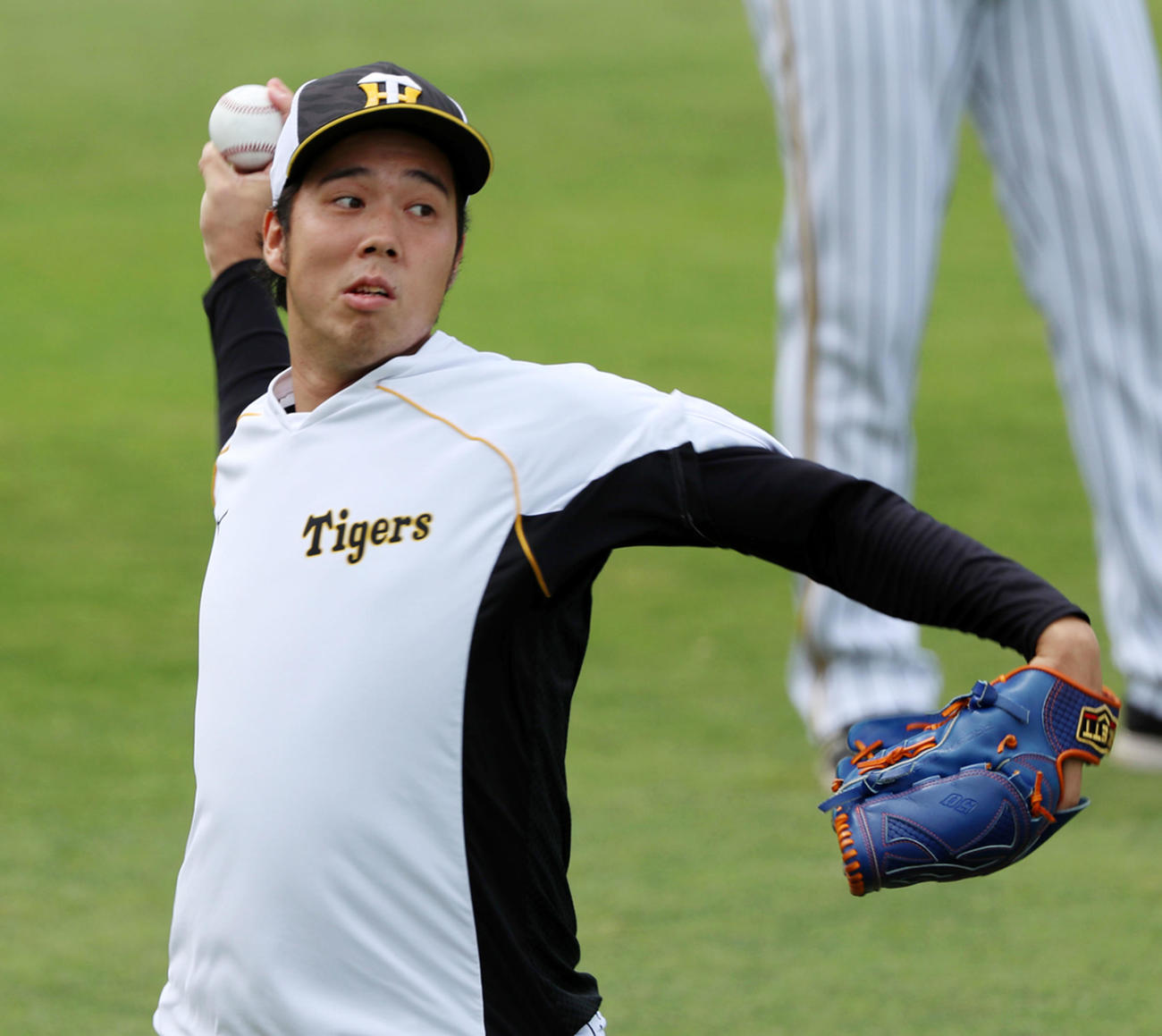 阪神対ヤクルト　外野でキャッチボールする阪神青柳（撮影・加藤哉）