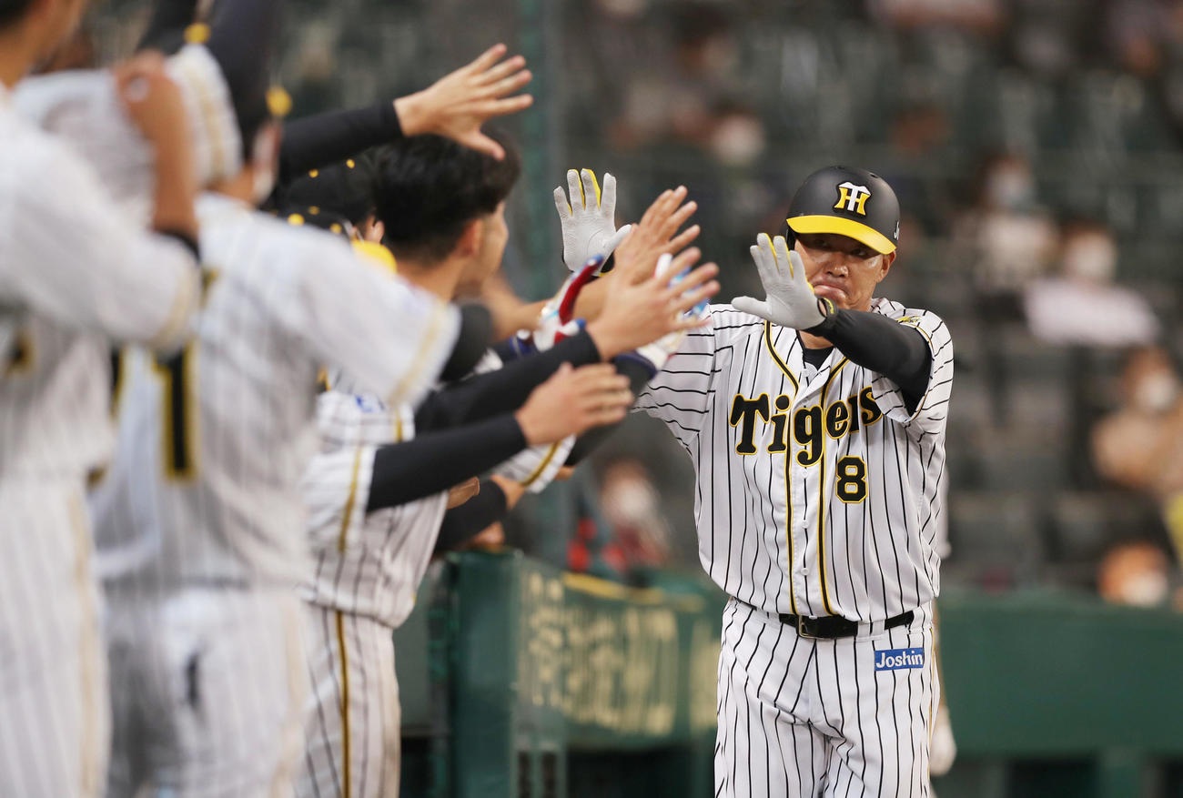 阪神対ヤクルト　8回裏阪神1死一塁、福留は中越え勝ち越し2点本塁打を放ち、引き締まった表情でハイタッチ（撮影・前田充）