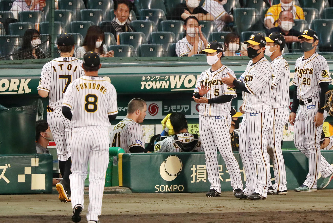 阪神対ヤクルト　8回表を終えベンチ前でナインを出迎える近本、右は陽川（撮影・加藤哉）
