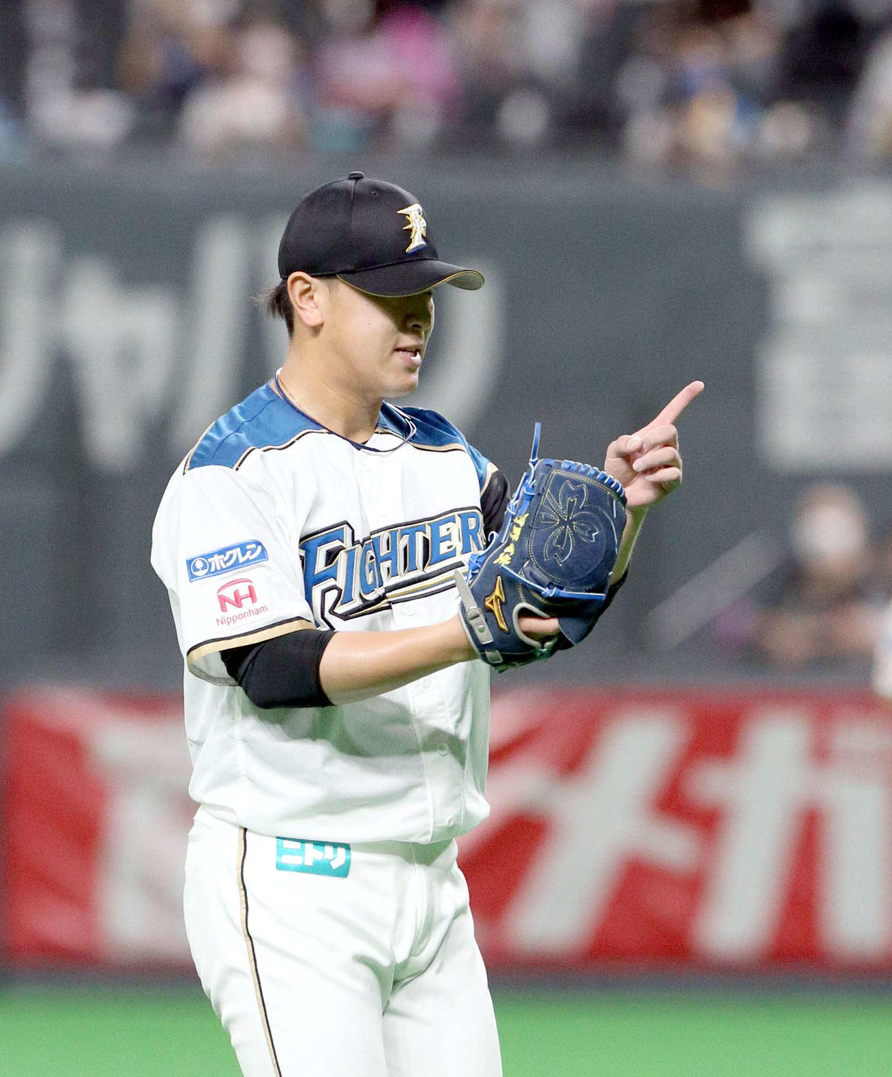日本ハム対ロッテ　5回表を無失点に抑えグラブをたたく日本ハム河野（撮影・佐藤翔太）
