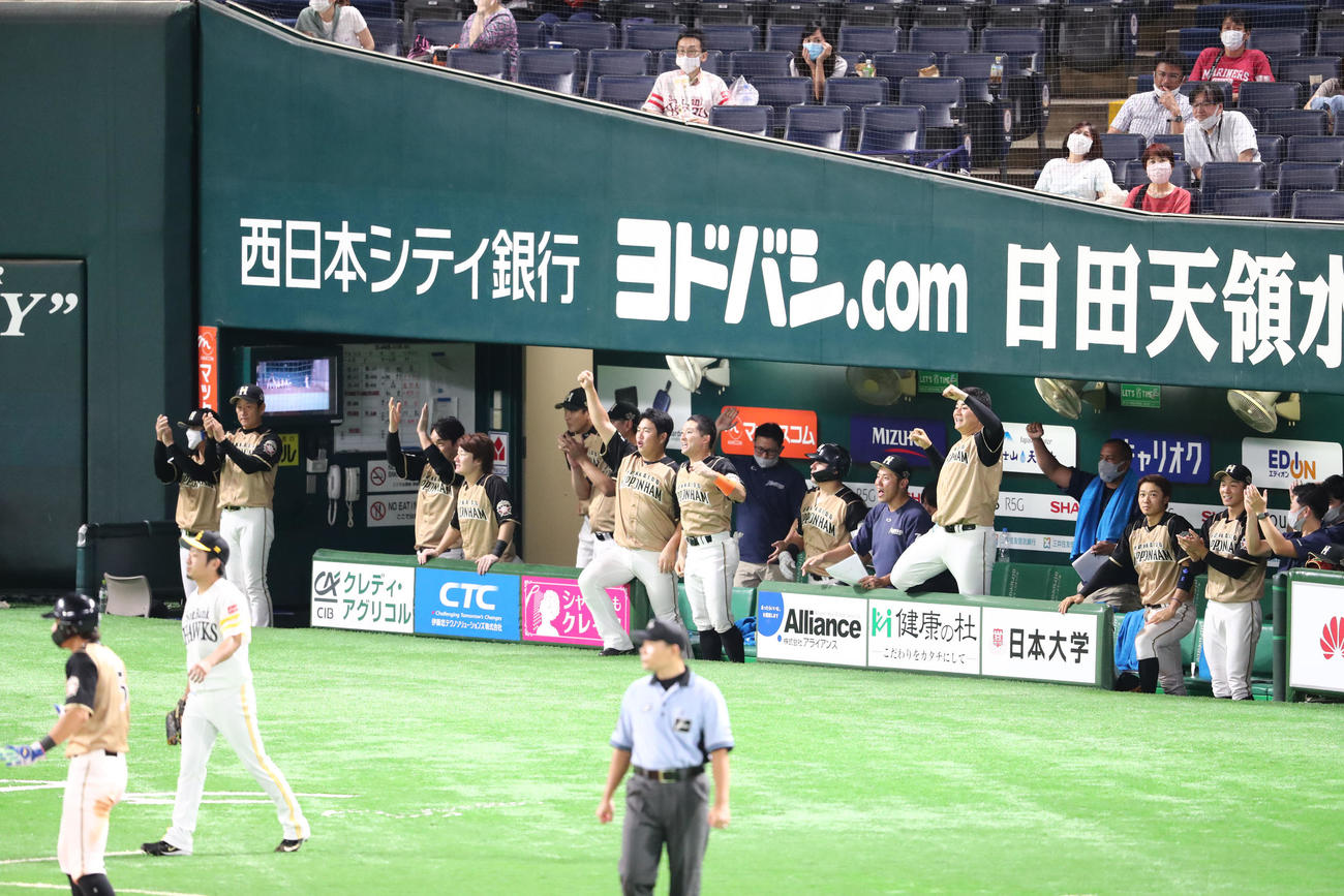 ソフトバンク対日本ハム　7回表日本ハム2死一、三塁、近藤健介は右前に勝ち越し適時打を放つ、大喜びのベンチのナイン（撮影・梅根麻紀）