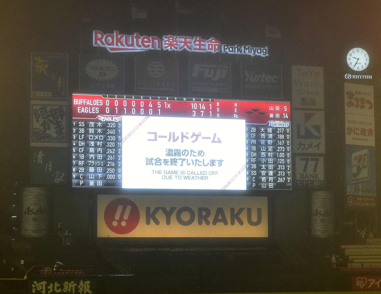 楽天対オリックス　濃霧のためコールドゲームとなった（撮影・滝沢徹郎）