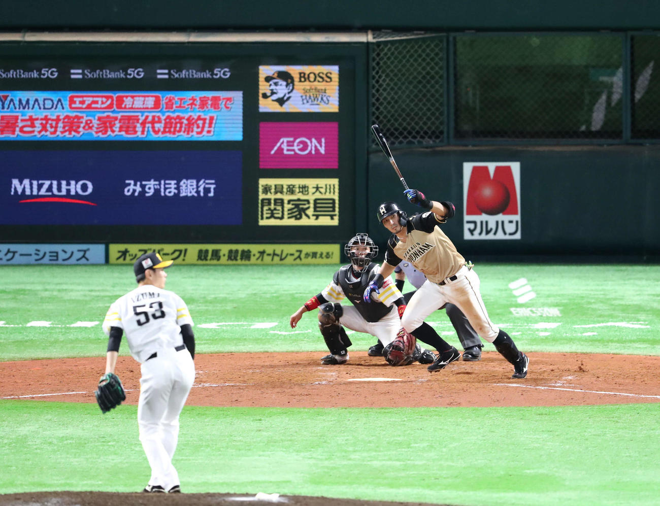 ソフトバンク対日本ハム　5回表日本ハム2死三塁、大田は左前適時打を放つ（撮影・梅根麻紀）
