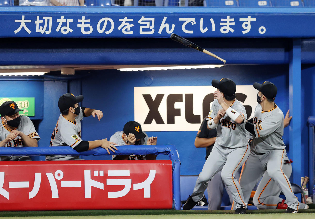 ヤクルト対巨人　7回裏ヤクルト1死、エスコバーの折れたバットをよける巨人の選手たち（撮影・狩俣裕三）