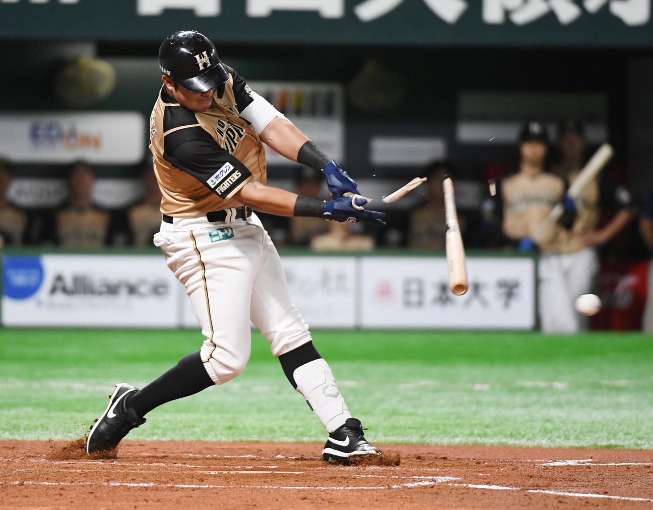 ソフトバンク対日本ハム　2回表日本ハム無死一、二塁、クリスチャン・ビヤヌエバは左前にバットを折りながら同点適時打を放つ（撮影・今浪浩三）