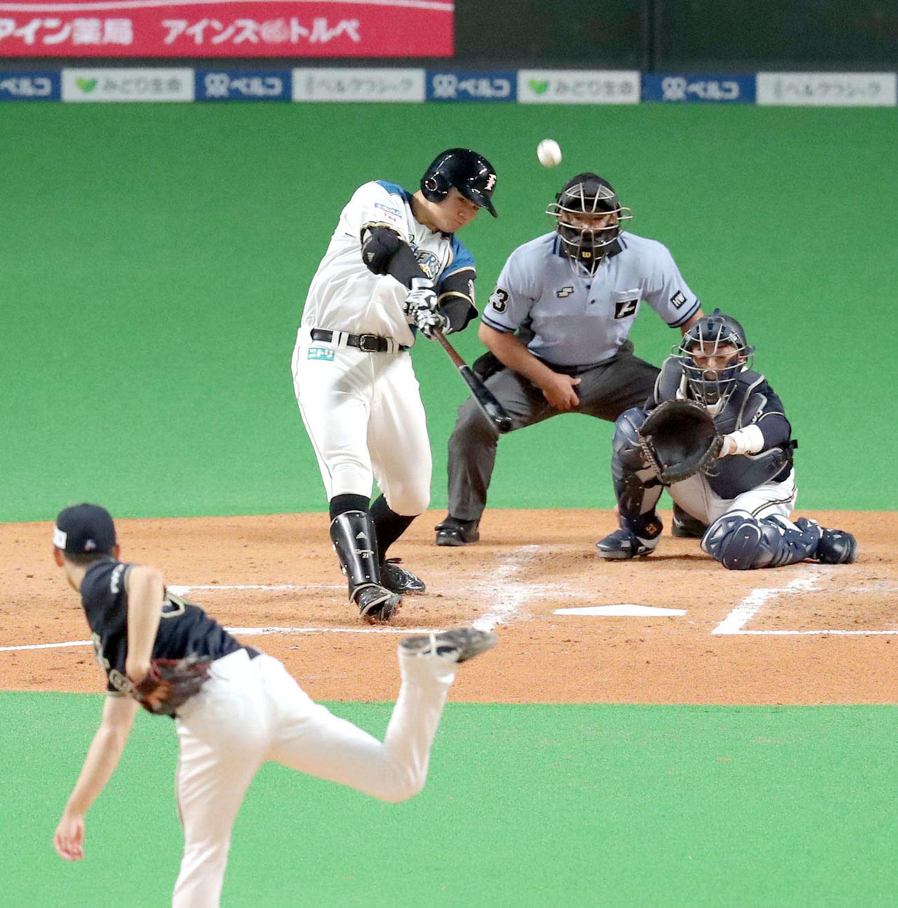 日本ハム対オリックス　2回裏日本ハム無死満塁、清宮は先制となる中犠飛を放つ（撮影・佐藤翔太）