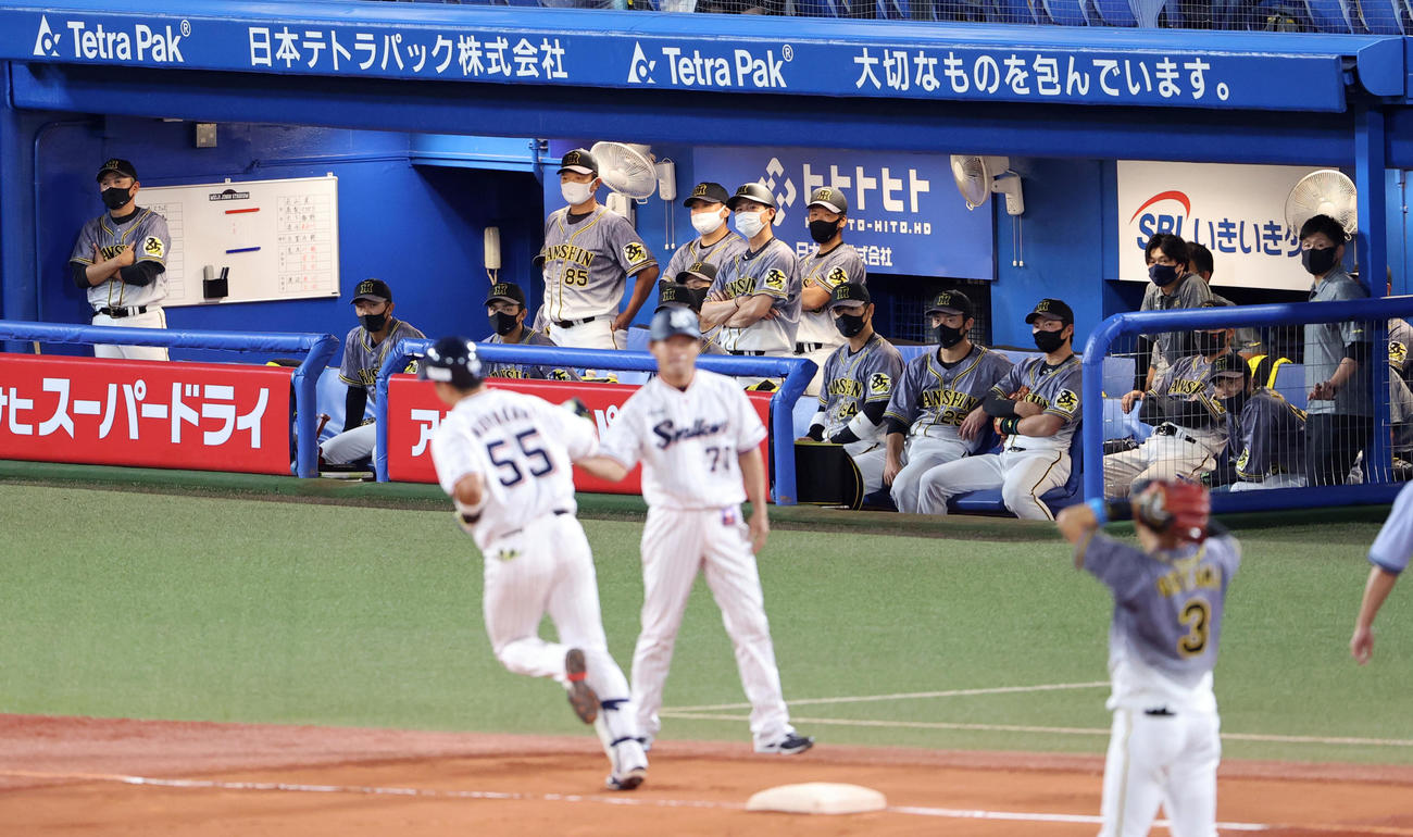 ヤクルト対阪神　4回裏ヤクルト無死二塁、村上（手前左）に左中間2点本塁打を許し、沈黙する阪神ベンチ（撮影・浅見桂子）