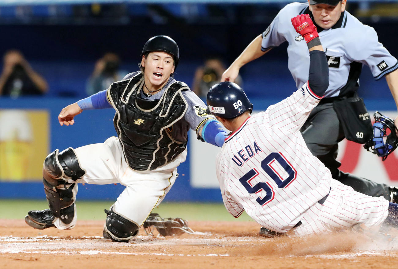 7回裏2死二塁、梅野は青木の打球で本塁突入する二走上田をタッチアウトにする（撮影・加藤哉）