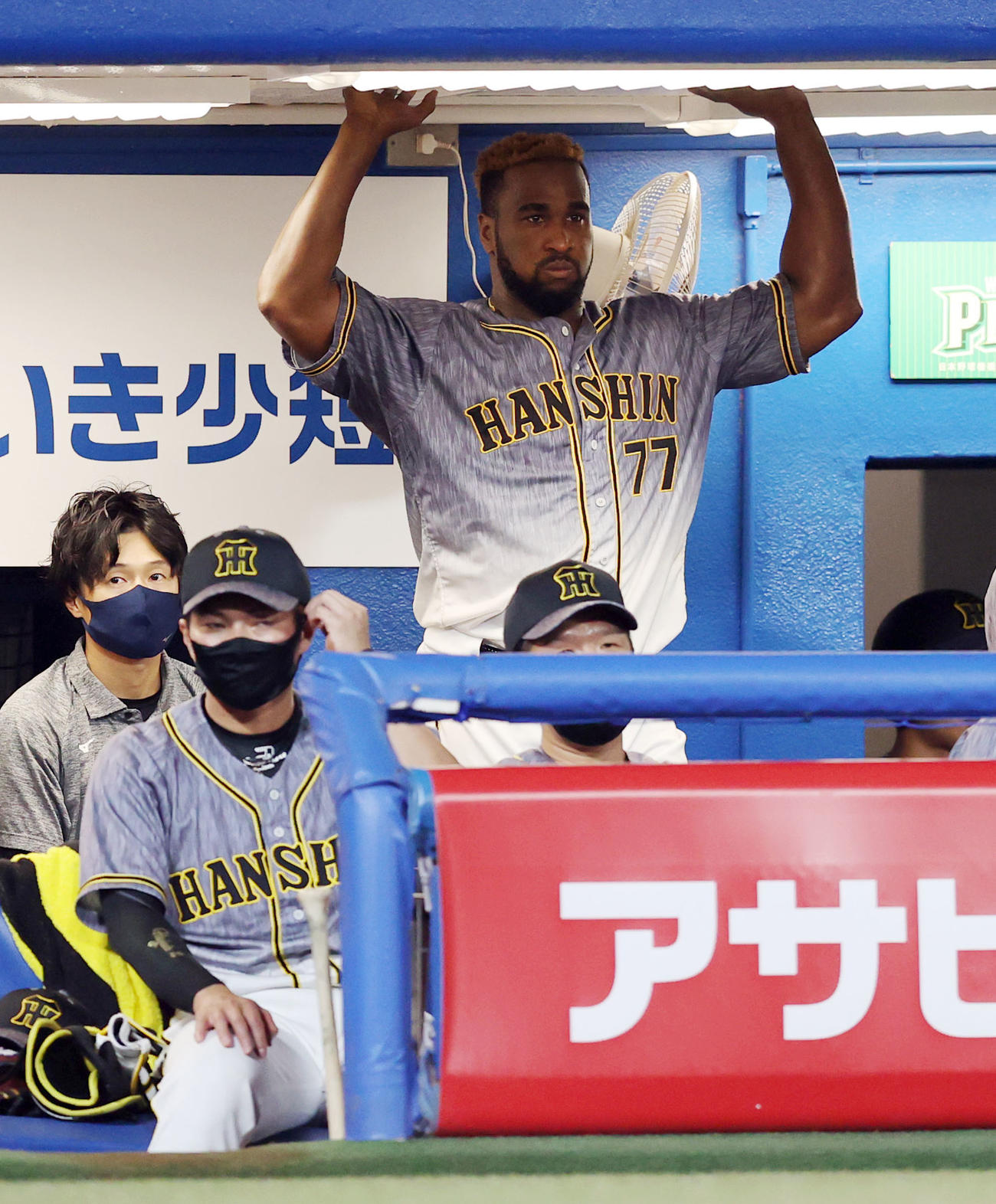 ヤクルト対阪神　6回表途中、打席が回ってきたタイミングで交代を告げられ、ベンチで達ながらグラウンドを見つめるガルシア（撮影・狩俣裕三）