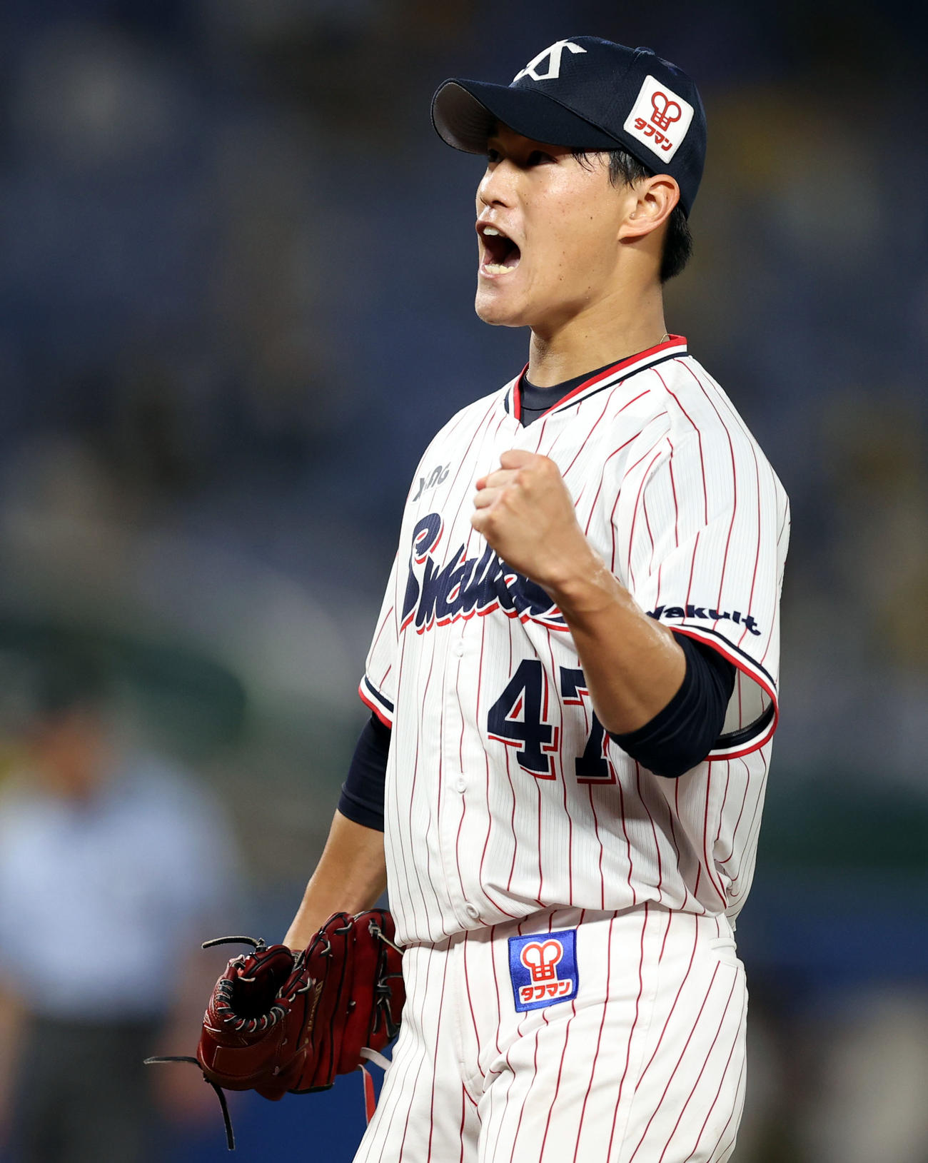 ヤクルト対阪神　8回表阪神1死満塁、陽川を併殺打に打ち取り、雄たけびを上げる高橋（撮影・狩俣裕三）