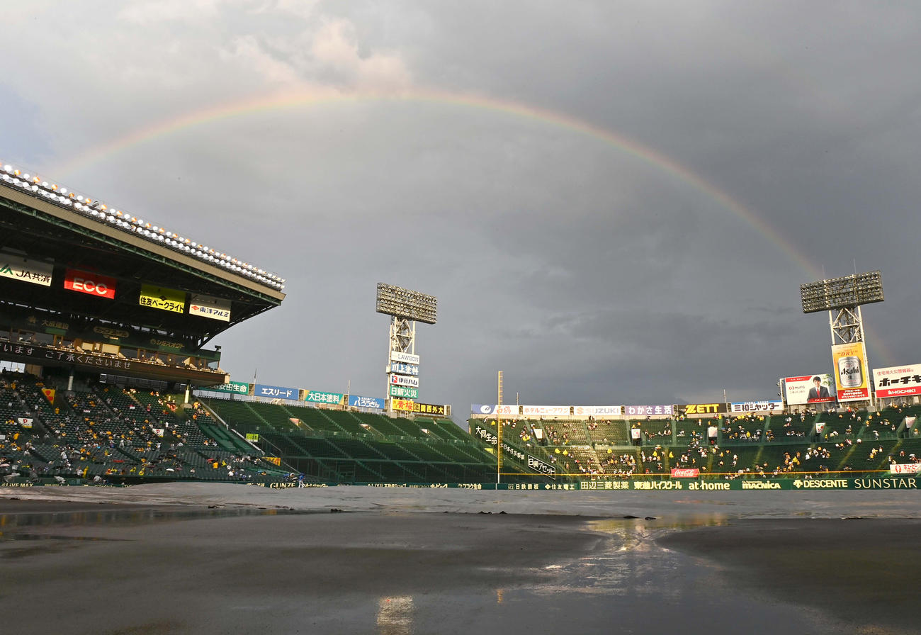 夕立の後、甲子園球場にはきれいな虹の橋がかかった（撮影・上田博志）