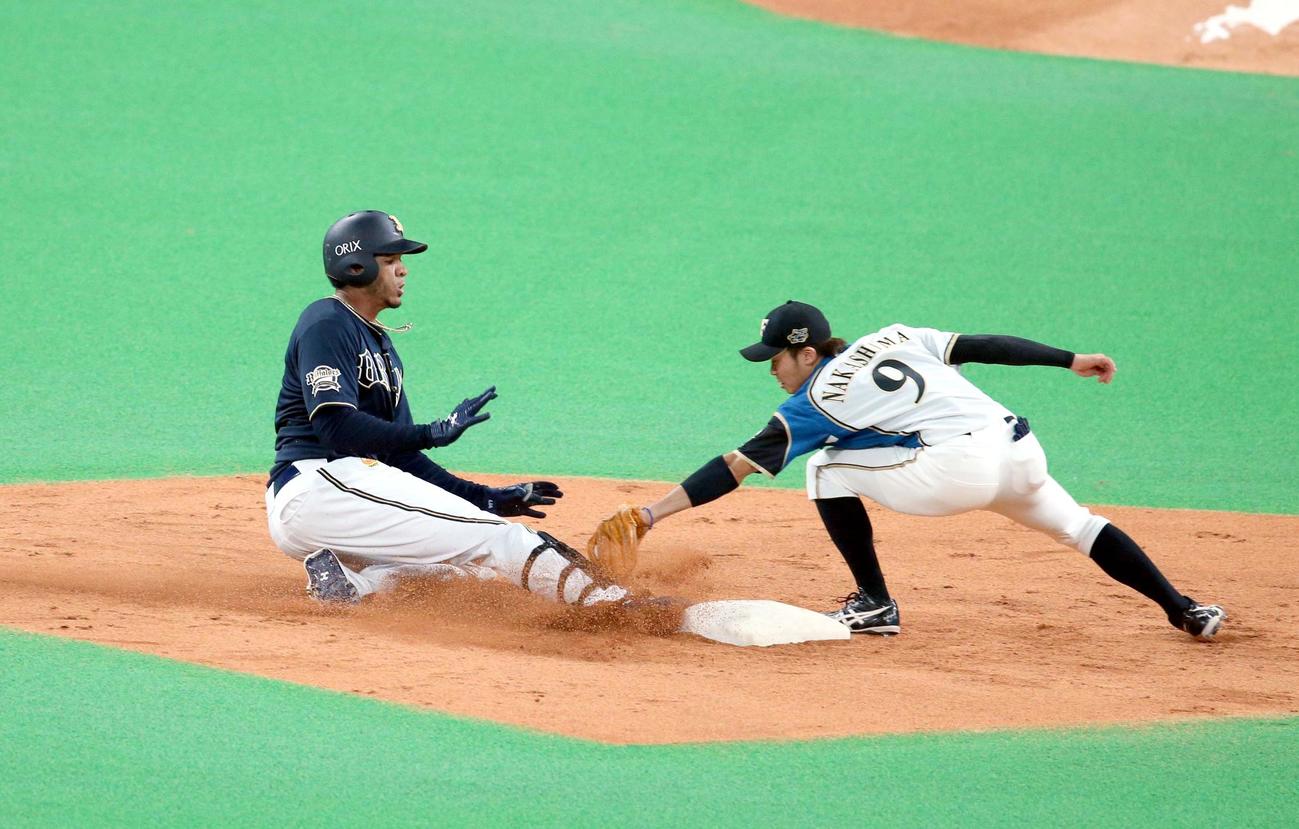 日本ハム対オリックス　4回表オリックス2死三塁、、右翼線に適時二塁打を放つモヤ（撮影・黒川智章）