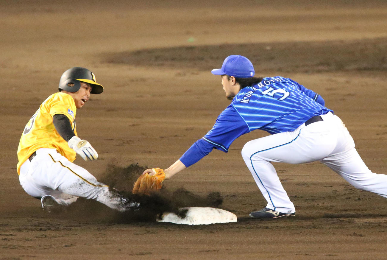 阪神対DeNA　6回裏阪神無死一、三塁、打者サンズの時、二盗を決める島田。右は二塁手倉本（撮影・上山淳一）