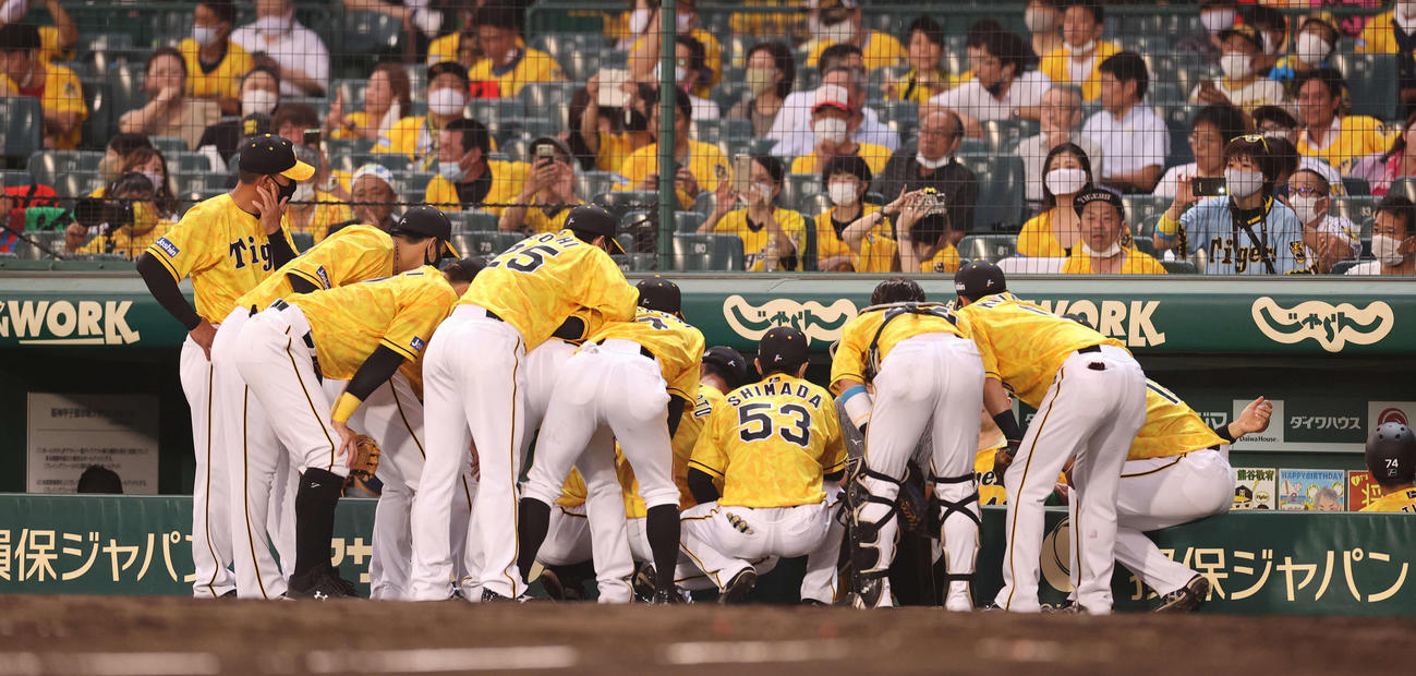 阪神対巨人　4回裏を前に円陣を組む阪神ナイン（撮影・河野匠）