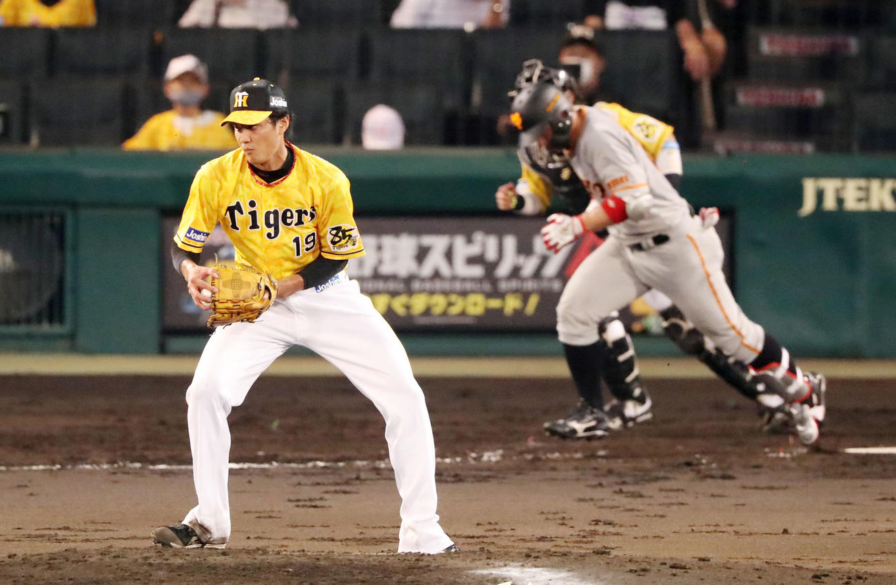 阪神対巨人　5回表巨人2死、藤浪は炭谷の打球を捕球する（撮影・加藤哉）
