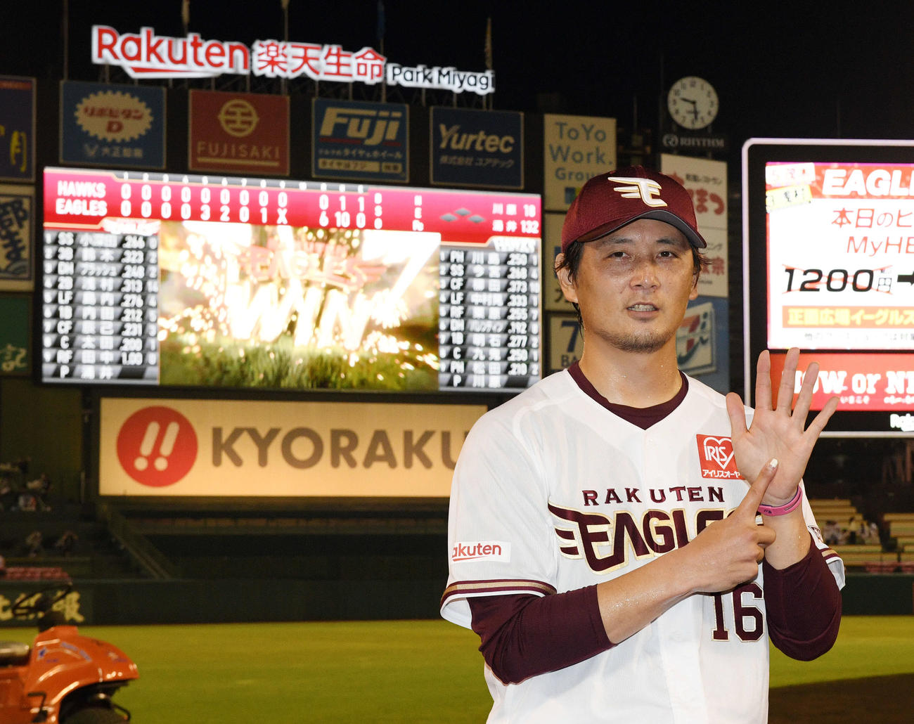 楽天対ソフトバンク　1安打完封勝利で開幕6連勝の楽天涌井は「6」のポーズを決める（撮影・滝沢徹郎）