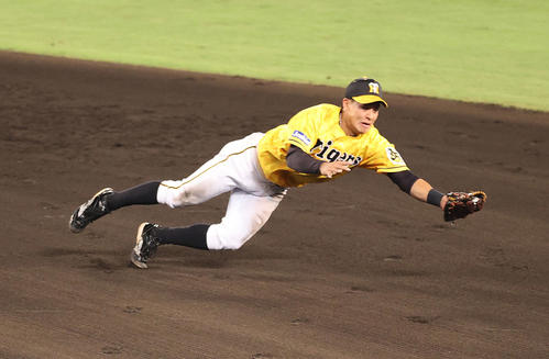 阪神対巨人　7回表巨人1死一塁、大城の打球を好守で二ゴロに仕留める植田（撮影・河野匠）