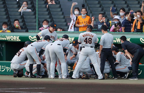 阪神対巨人　試合前の円陣を組む巨人ナイン（撮影・加藤哉）