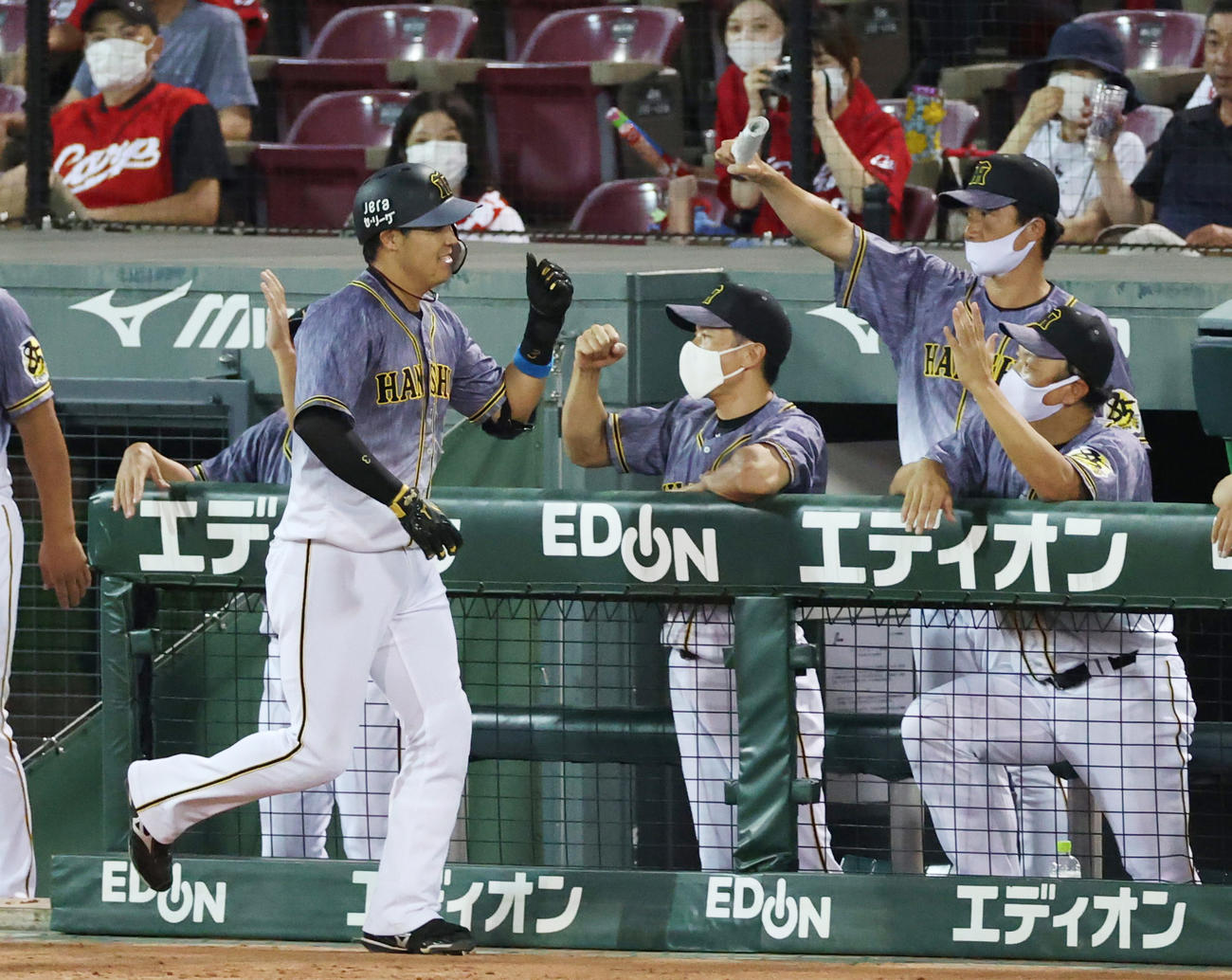 広島対阪神　8回表阪神2死、左越え本塁打を放ち生還する大山と矢野監督（撮影・清水貴仁）