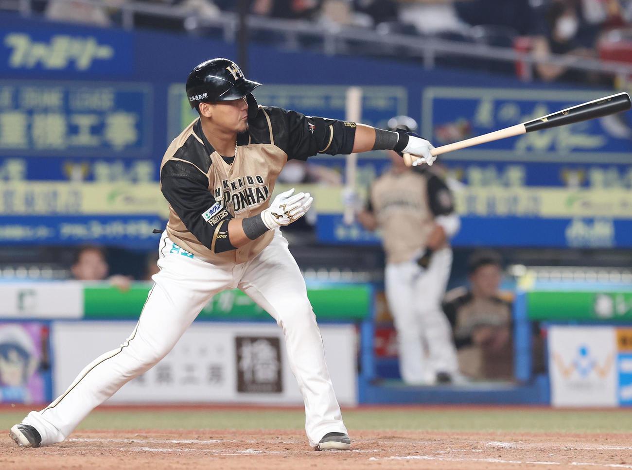 ロッテ対日本ハム　3回表日本ハム1死満塁、先制となる左犠飛を放つ中田（撮影・垰建太）