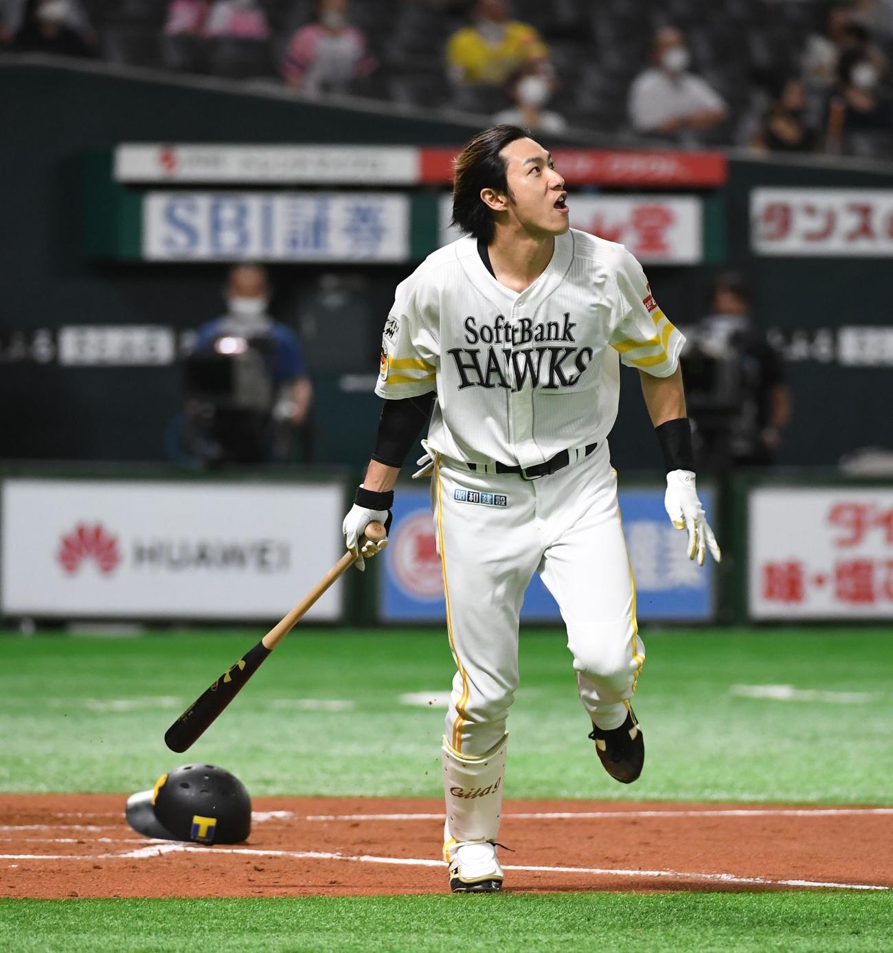 6回裏ソフトバンク2死一、二塁、柳田悠岐はヘルメットを飛ばしながら右越えに逆転の3点本塁打を放つ（撮影・今浪浩三）