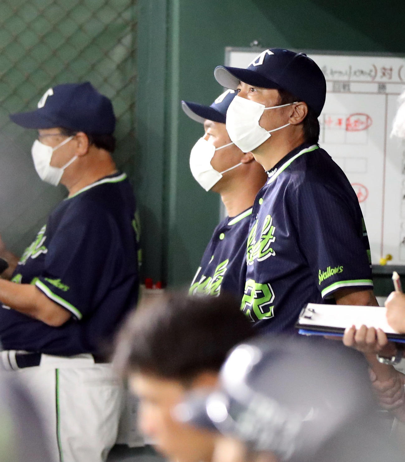 巨人対ヤクルト　9回表、ベンチから戦況を見つめる高津監督（撮影・狩俣裕三）