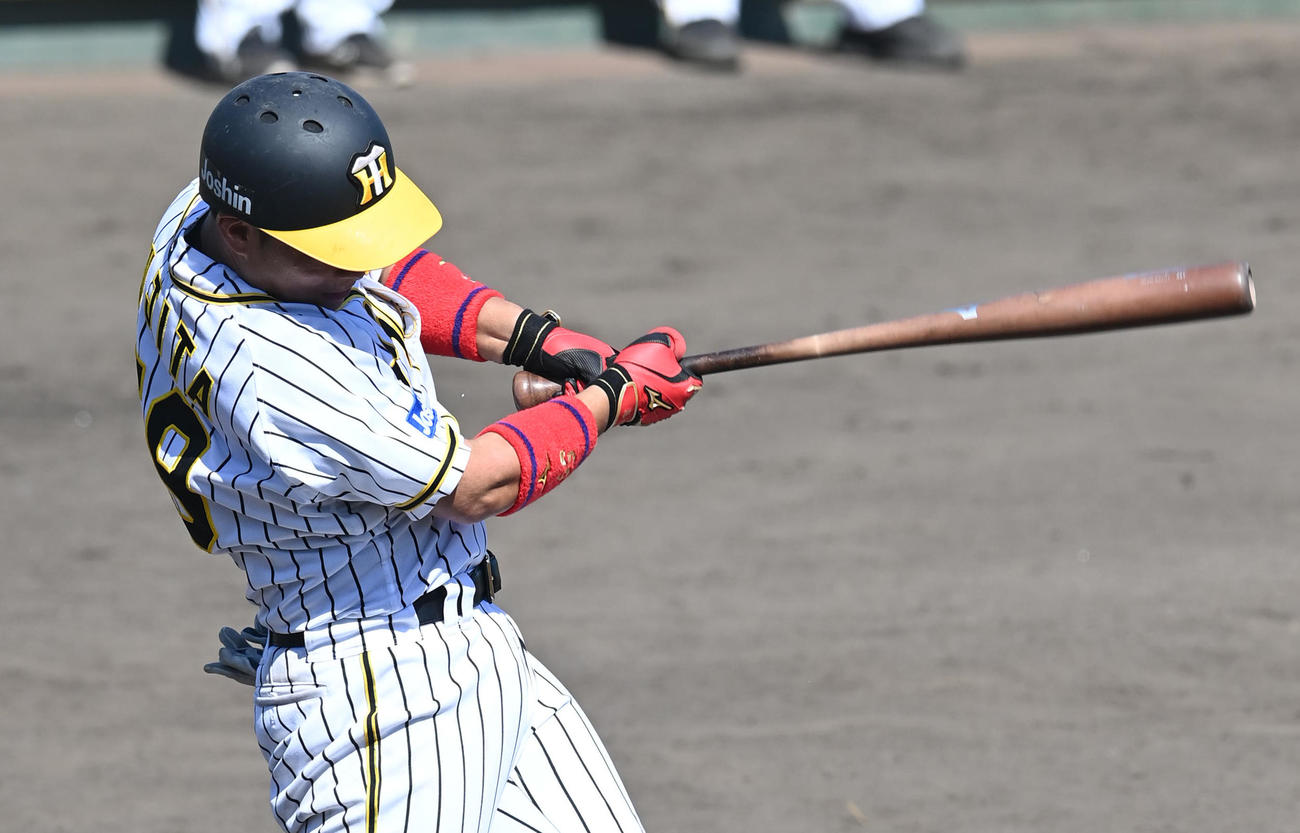 阪神2軍対天理大　8回、二塁打を放つ阪神藤田（代表撮影）