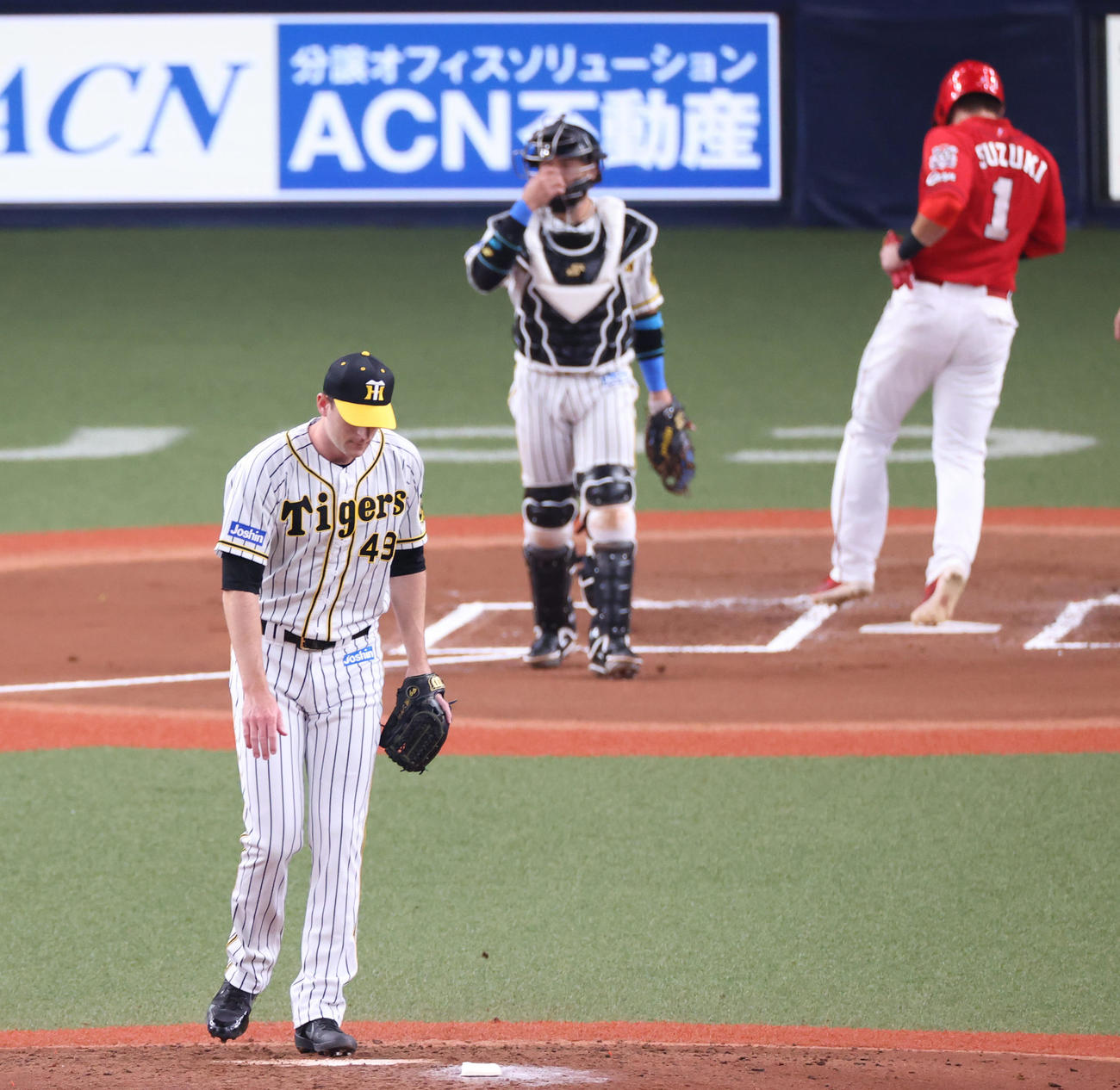 阪神対広島　6回表広島1死三塁、松山竜平に右前適時打を浴びるジョー・ガンケル（撮影・清水貴仁）