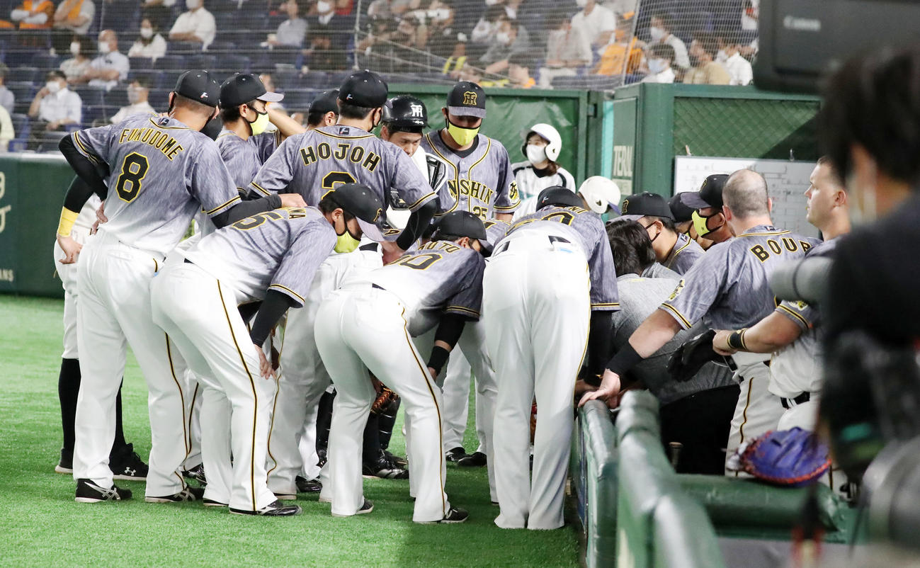 巨人対阪神　4回表、ベンチで円陣を組む阪神ナイン（撮影・加藤哉）