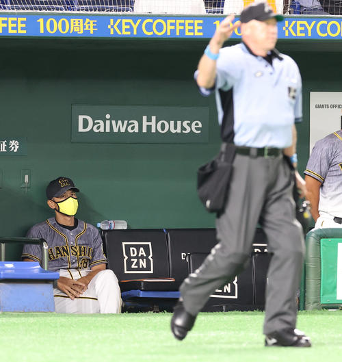 巨人対阪神　1回表阪神無死、近本の内野安打の判定がリクエストの結果覆りベンチで厳しい表情の矢野監督（撮影・垰建太）