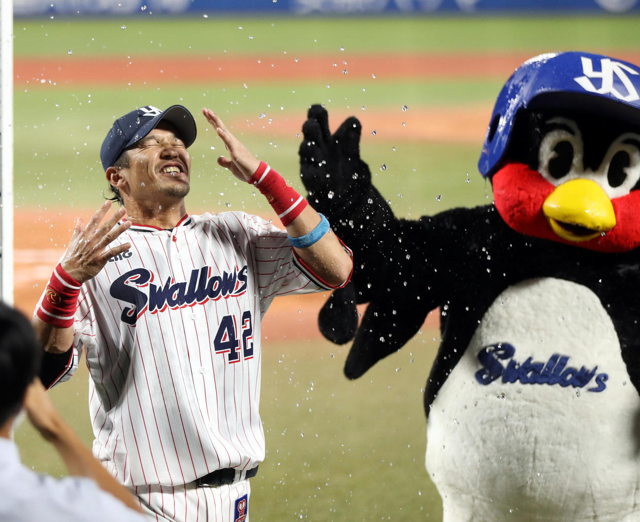 ヤクルト対中日　ヒーローインタビュー後、チームメートから水をかけられる坂口（撮影・狩俣裕三）