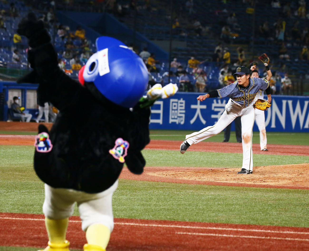 ヤクルト対阪神　ラッキーセブンの攻撃で盛り上がるヤクルトつば九郎を横目に投球練習する阪神先発の藤浪（撮影・足立雅史）