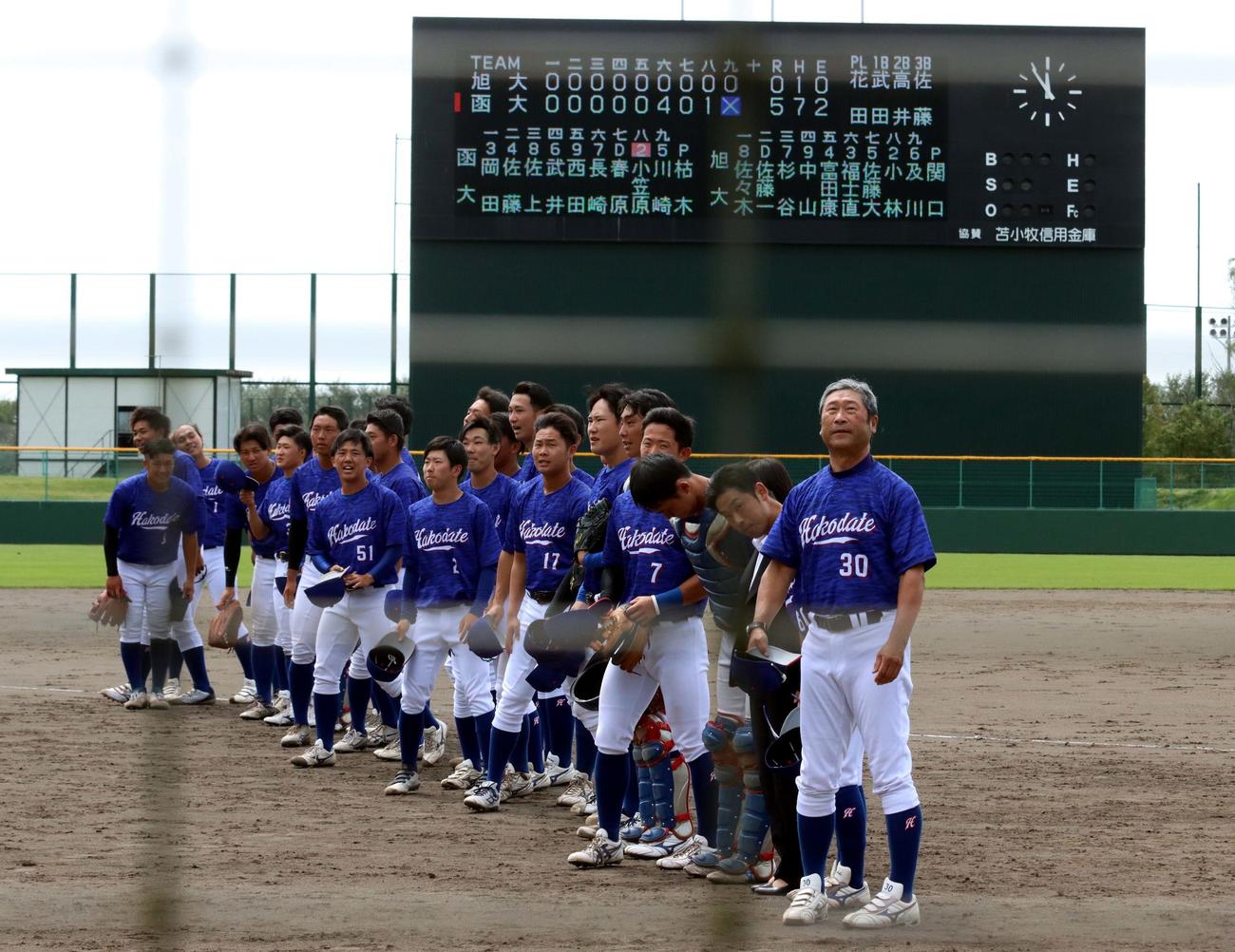 旭川大対函館大　開幕戦で白星を挙げスタンドにあいさつする函館大の選手たち（撮影・永野高輔）