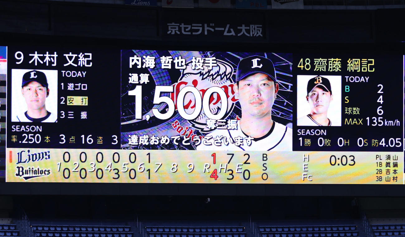 オリックス対西武　6回裏オリックス2死、杉本裕太郎を三振で通算1500奪三振を達成する内海哲也（撮影・清水貴仁）