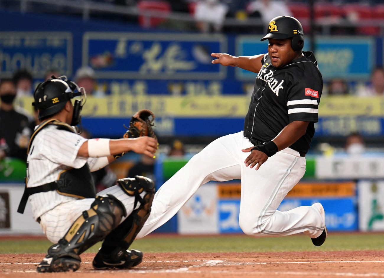 ロッテ対ソフトバンク　4回表ソフトバンク1死二、三塁、デスパイネは川瀬の中飛で本塁を狙うがタッチアウトとなる。捕手田村（撮影・横山健太）