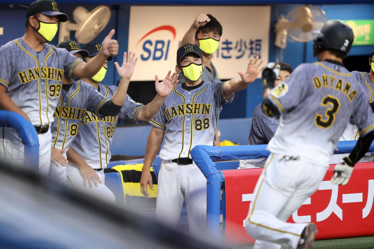 ヤクルト対阪神　1回表阪神2死一、二塁、矢野監督（中央）は右越え先制3点本塁打を放った大山（右）を迎える（撮影・浅見桂子）