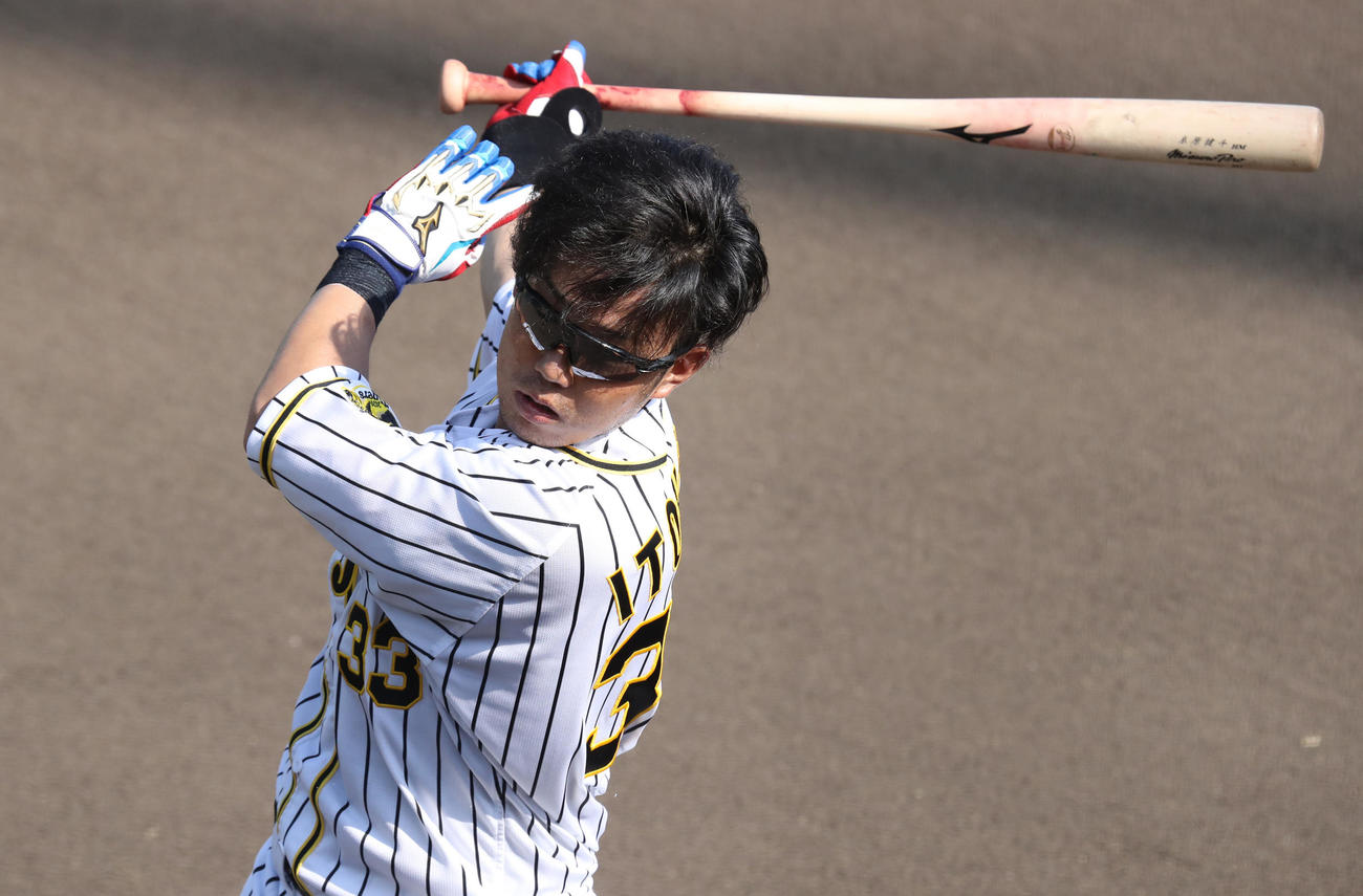 ティー打撃を行った阪神糸原健斗（代表撮影）