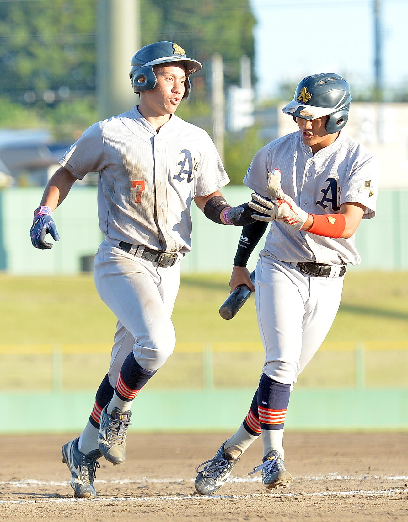 7回、本塁打を放った青森大・古堅（左）