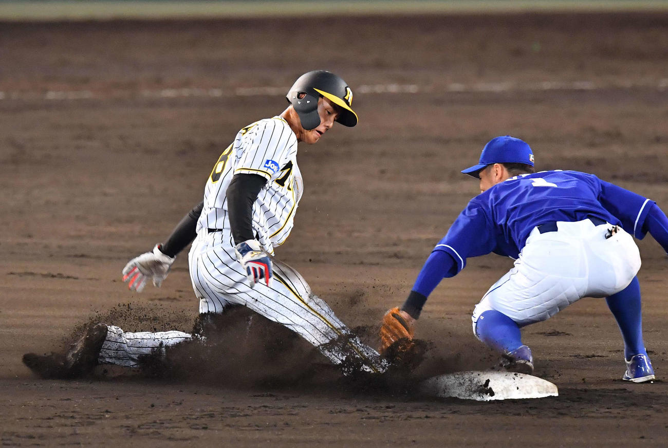 阪神対中日　8回裏阪神2死一塁、二盗に成功する小幡竜平（撮影・上田博志）